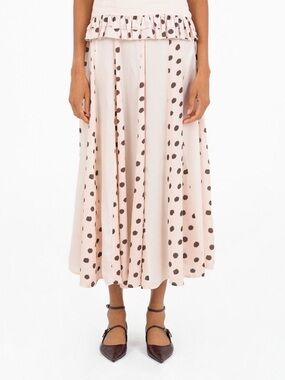 Carmen Says L Polka Dot Ruffle-Waist Midi Skirt in Blush with Chocolate Spots